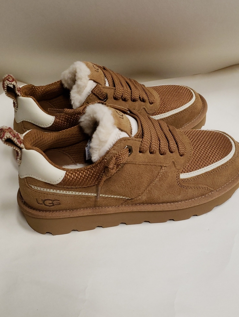 UGG Chestnut Brown Suede Lace-Up Sneakers with Shearling Collar, Size 6